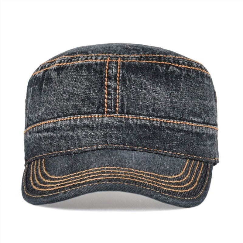VOBOOM Washed Cotton Military Cadet Army Caps Unique Design Vintage Flat Top Hat (Denim Black) - Image 3